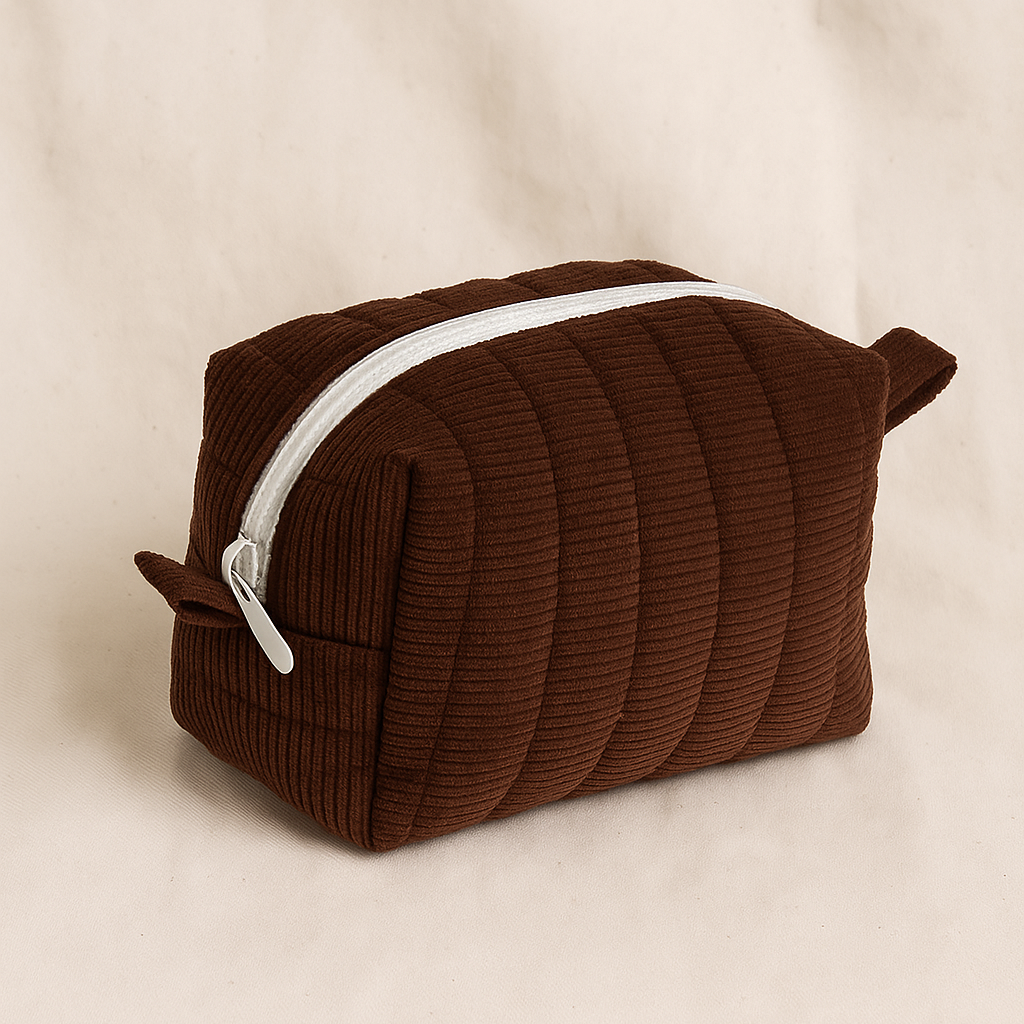 Brown ribbed toiletry bag with a white zipper on a beige background