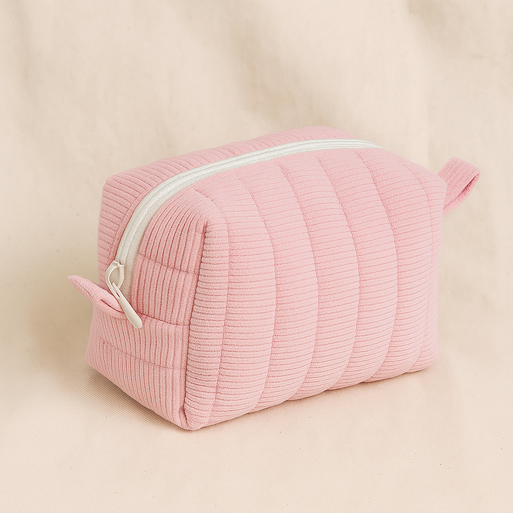 Pink textured toiletry bag on a beige background